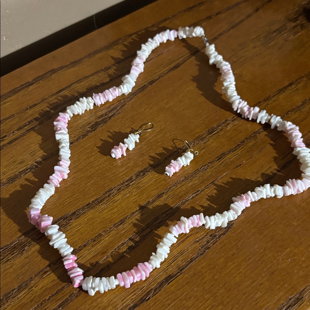 Pink and white shell necklace/earring set